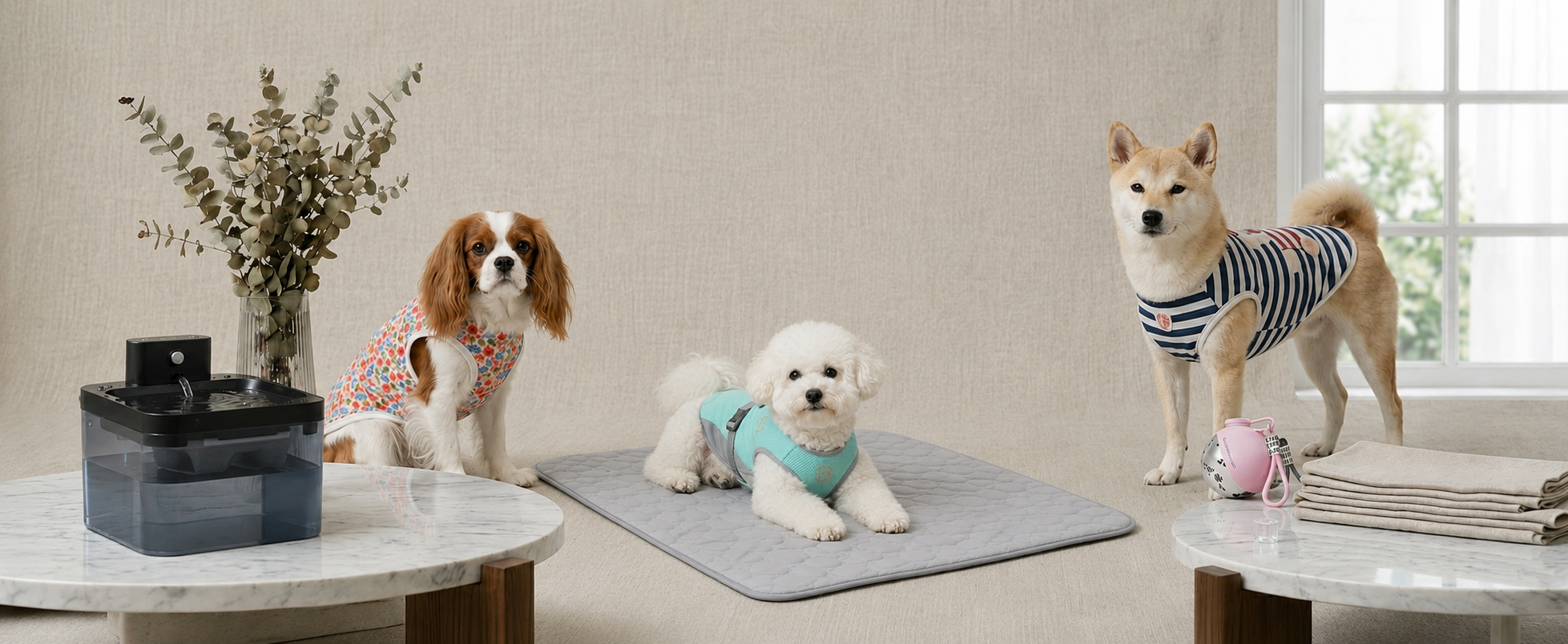 Bannière Patouf — chiens avec accessoires (fontaine, tapis, vêtements)