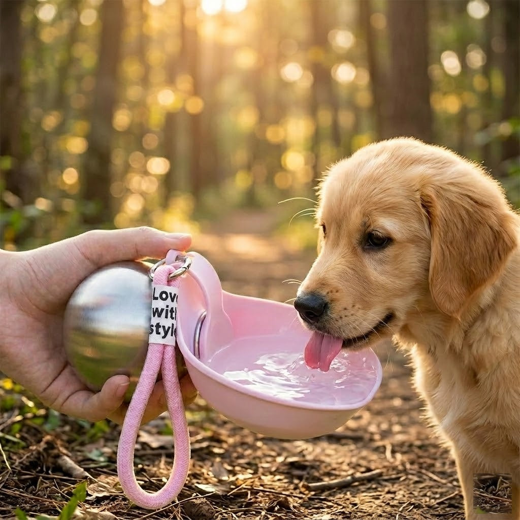 Gourde portable pour chien coloris Rose - chien qui boit en balade