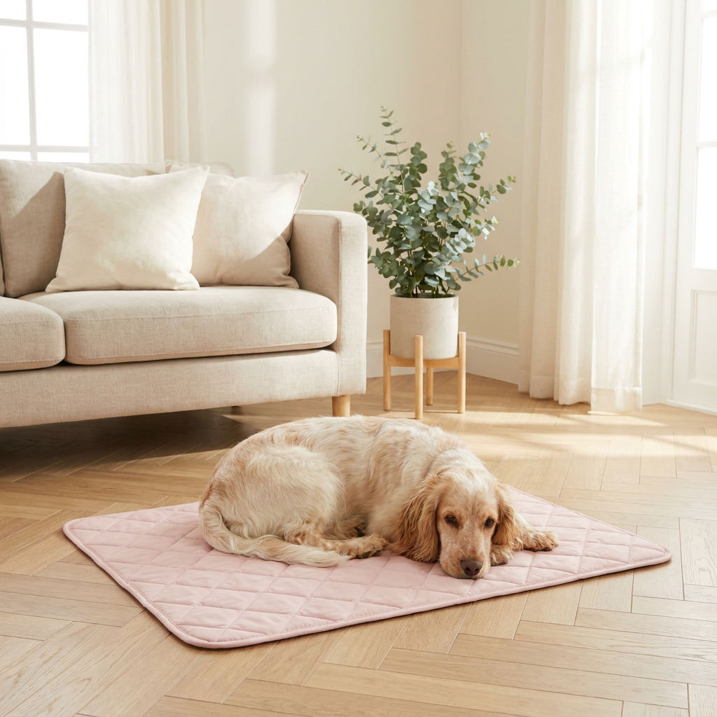 Tapis rafraichissant Patouf coloris Rose Poudre - chien allonge au frais