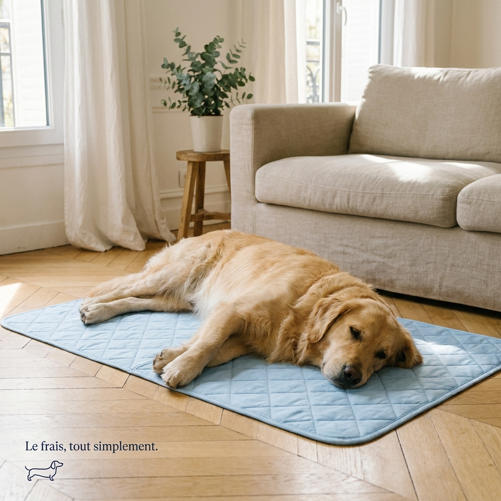 Golden retriever detendu sur le tapis rafraichissant Patouf dans un salon lumineux