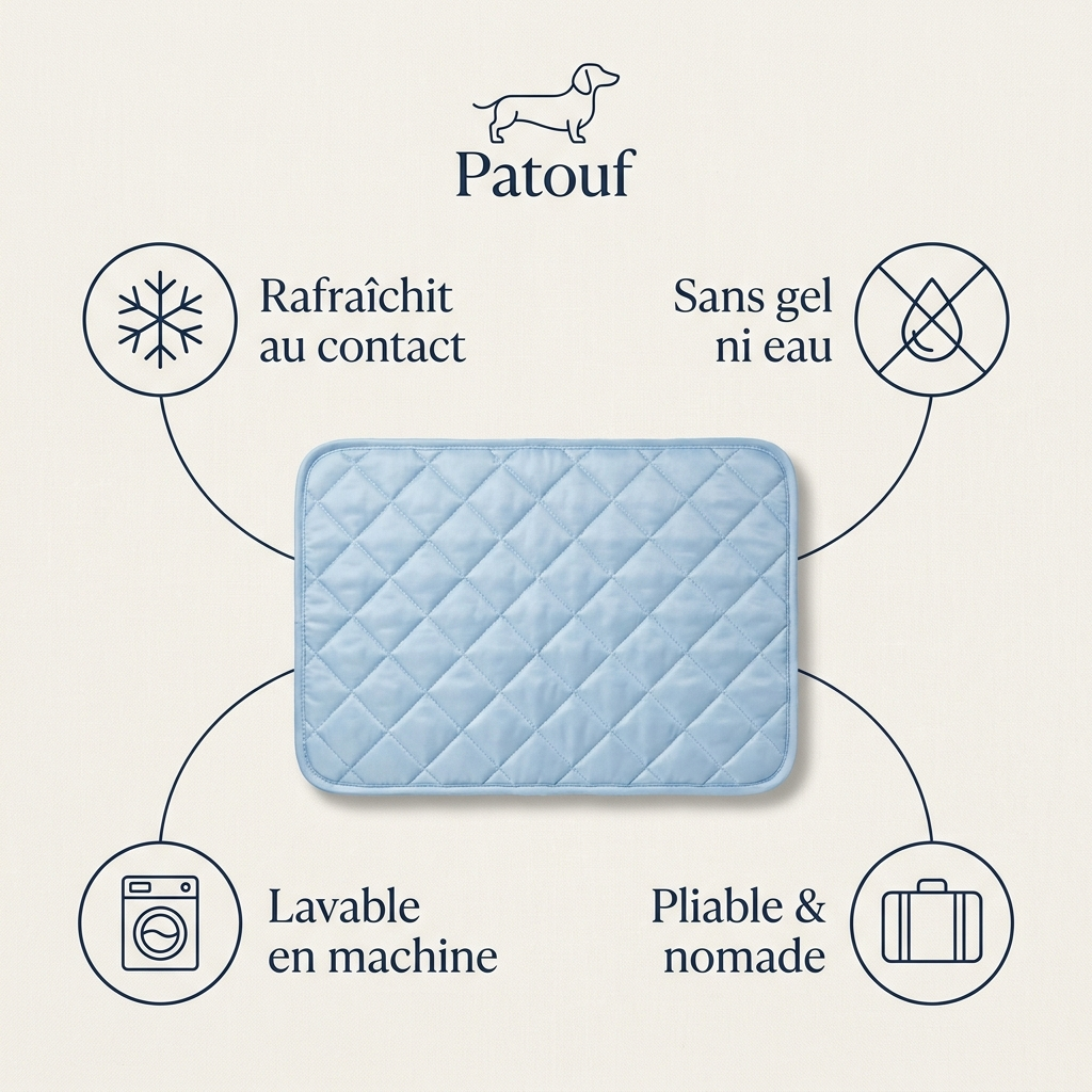 Benefices du tapis Patouf : rafraichit au contact, sans gel ni eau, lavable, pliable