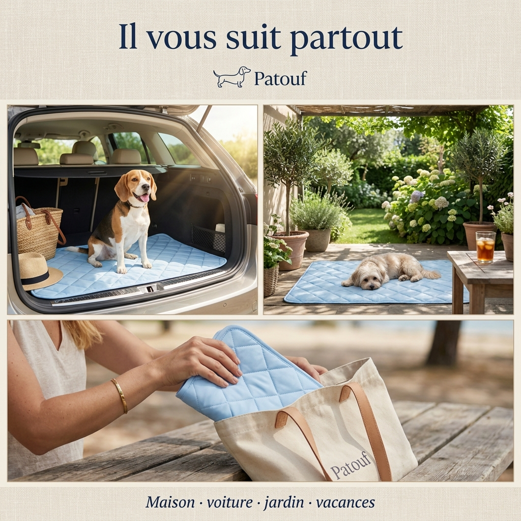 Le tapis Patouf vous suit partout : maison, voiture, jardin, vacances