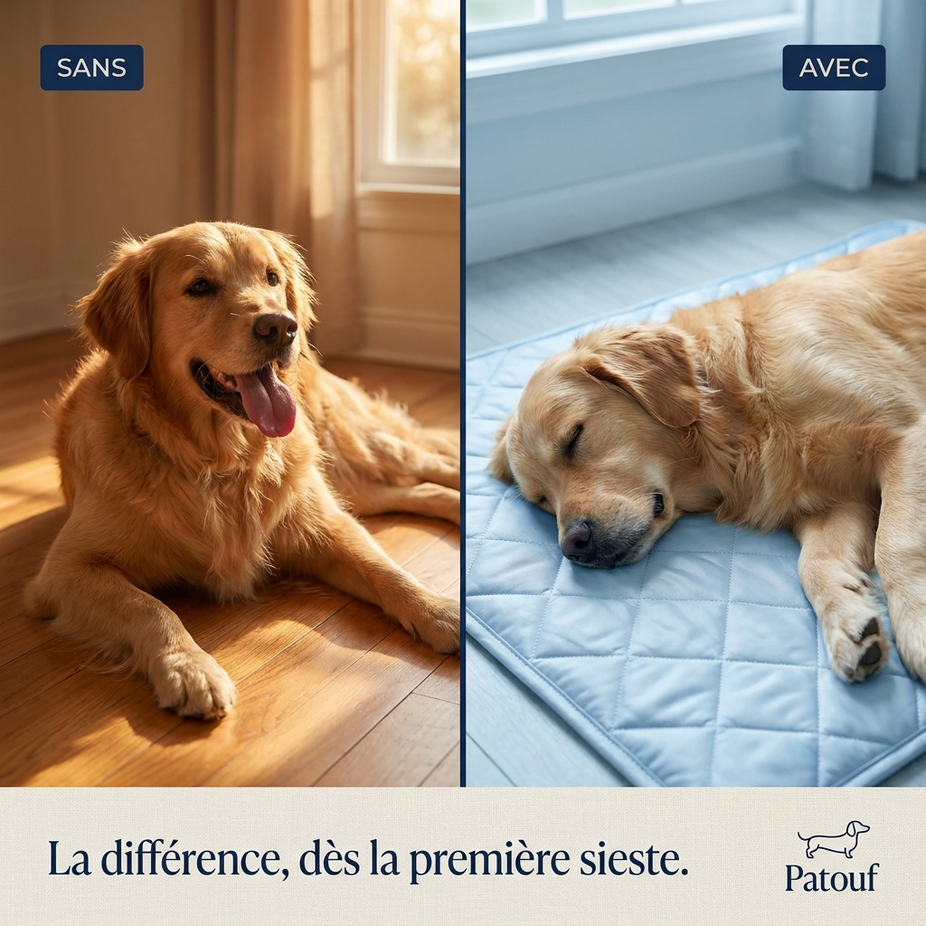 Avant apres : sans le tapis il halete, avec le tapis Patouf il dort paisiblement