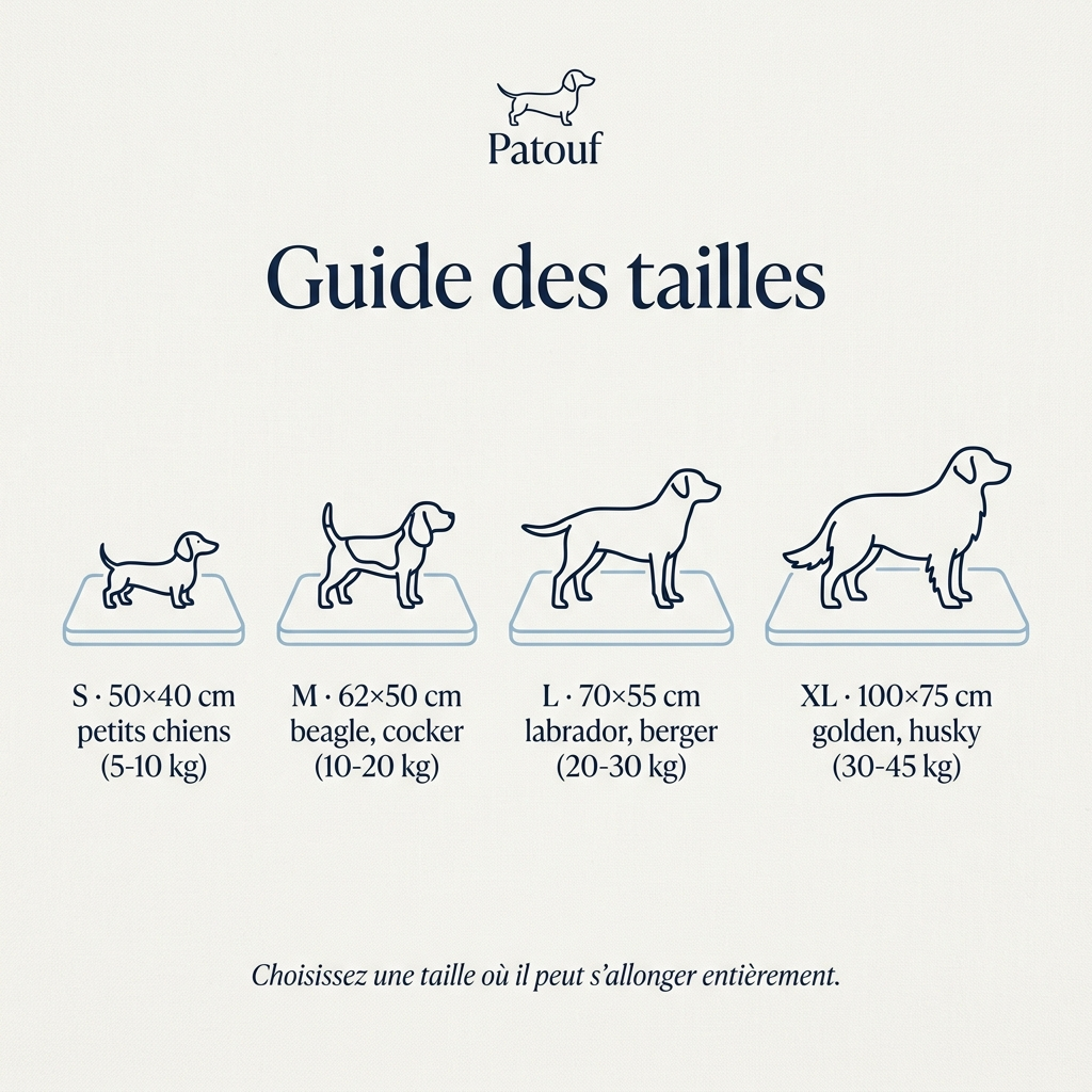 Guide des tailles S M L XL du tapis rafraichissant Patouf