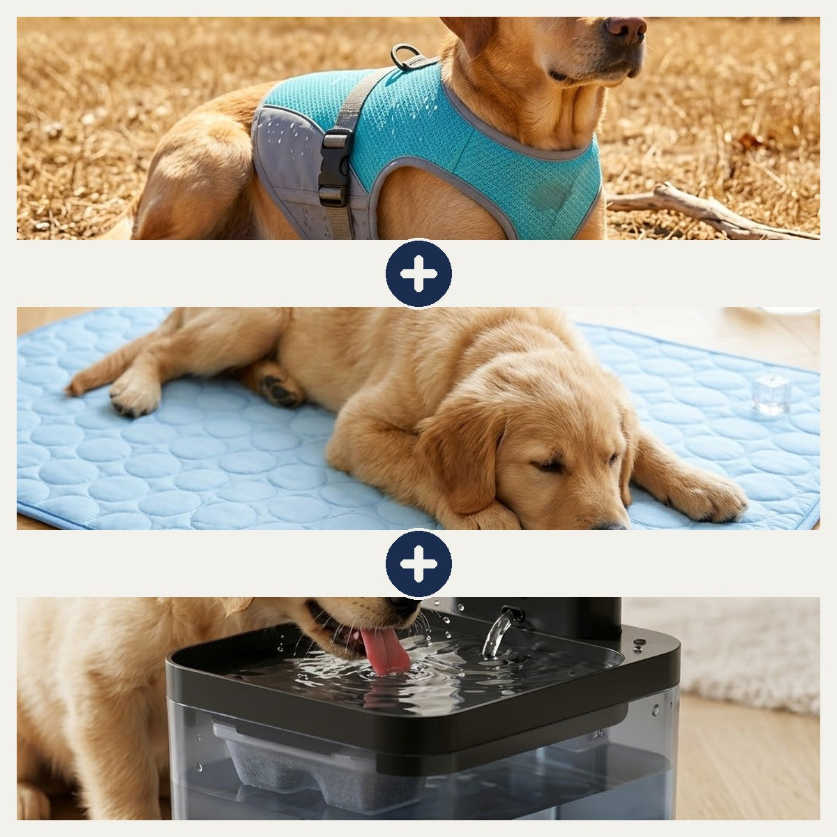 Le Kit Anti-Canicule — gilet + tapis rafraîchissants + fontaine à eau