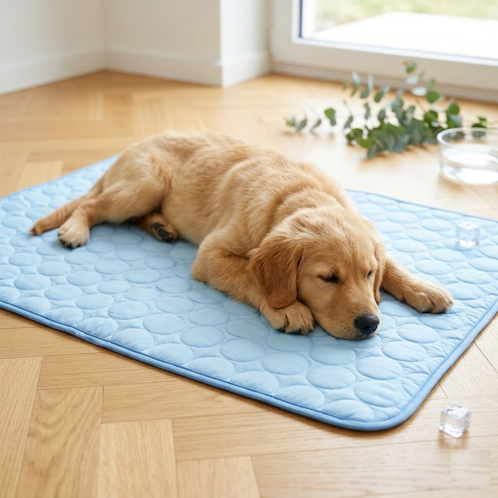 Tapis rafraîchissant pour chien Bleu Glacé - chien allongé au frais
