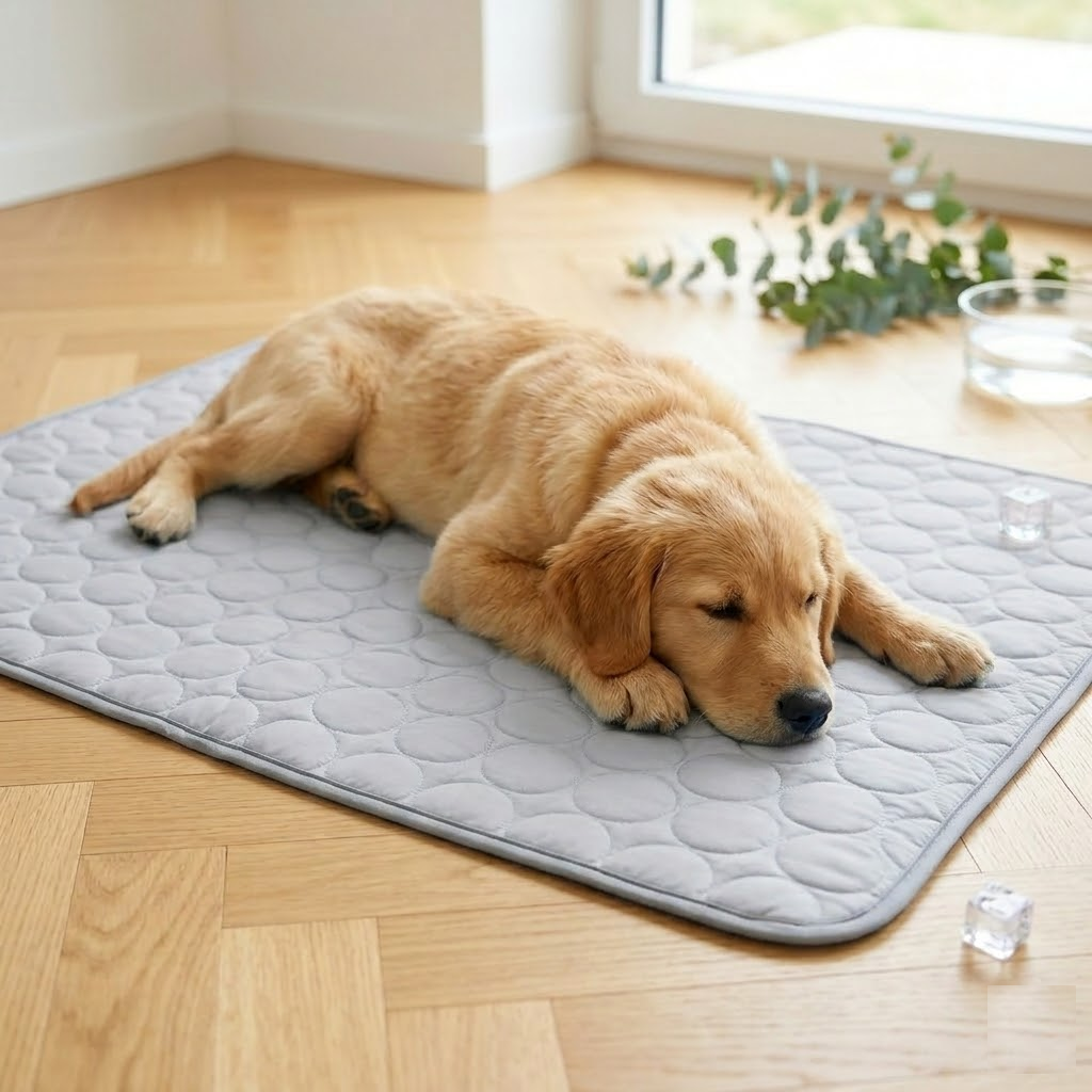 Tapis rafraîchissant pour chien Gris Perle - chien allongé au frais