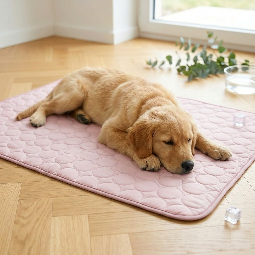 Tapis rafraîchissant pour chien Rose Poudré - chien allongé au frais