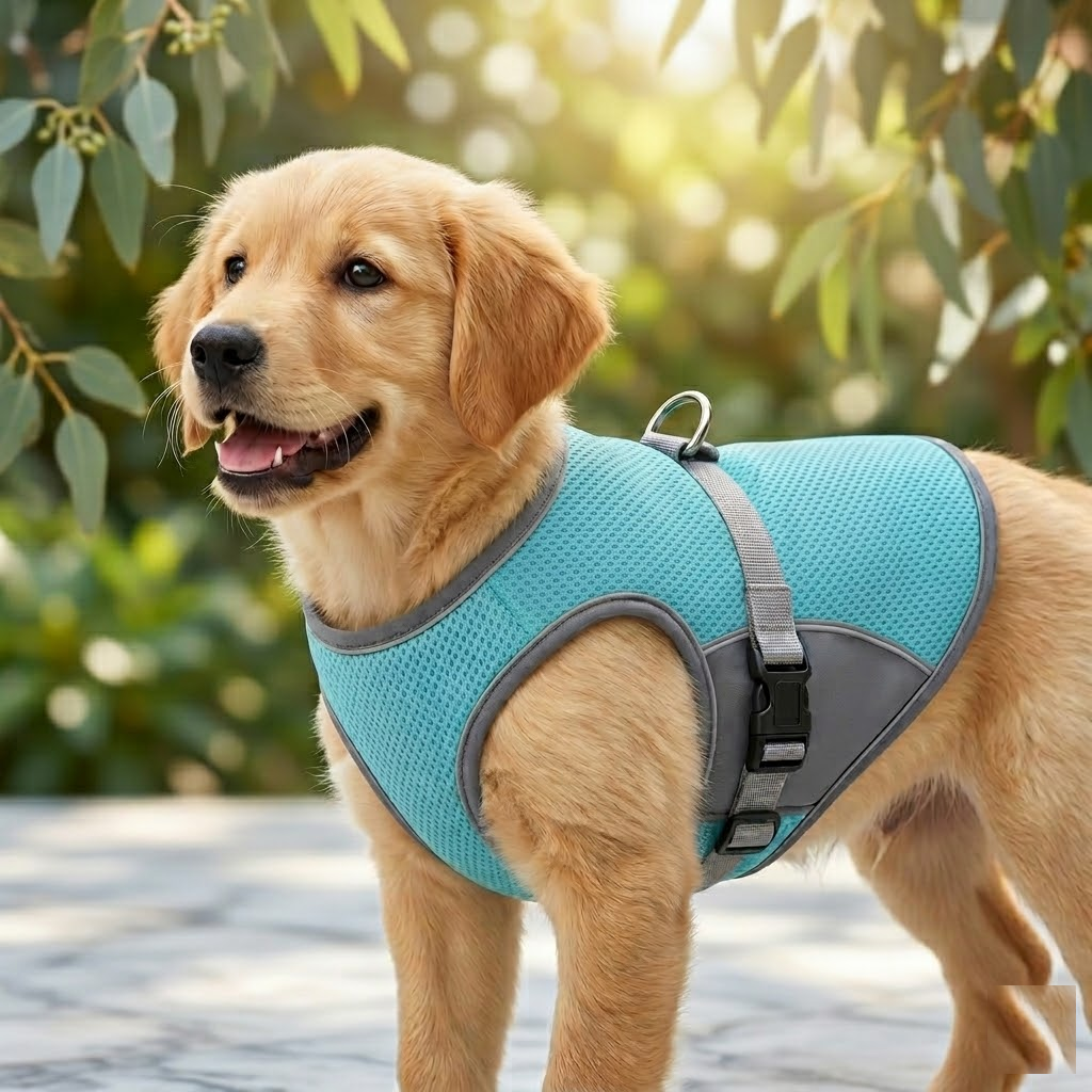 Veste rafraîchissante pour chien Bleu portée par un chiot