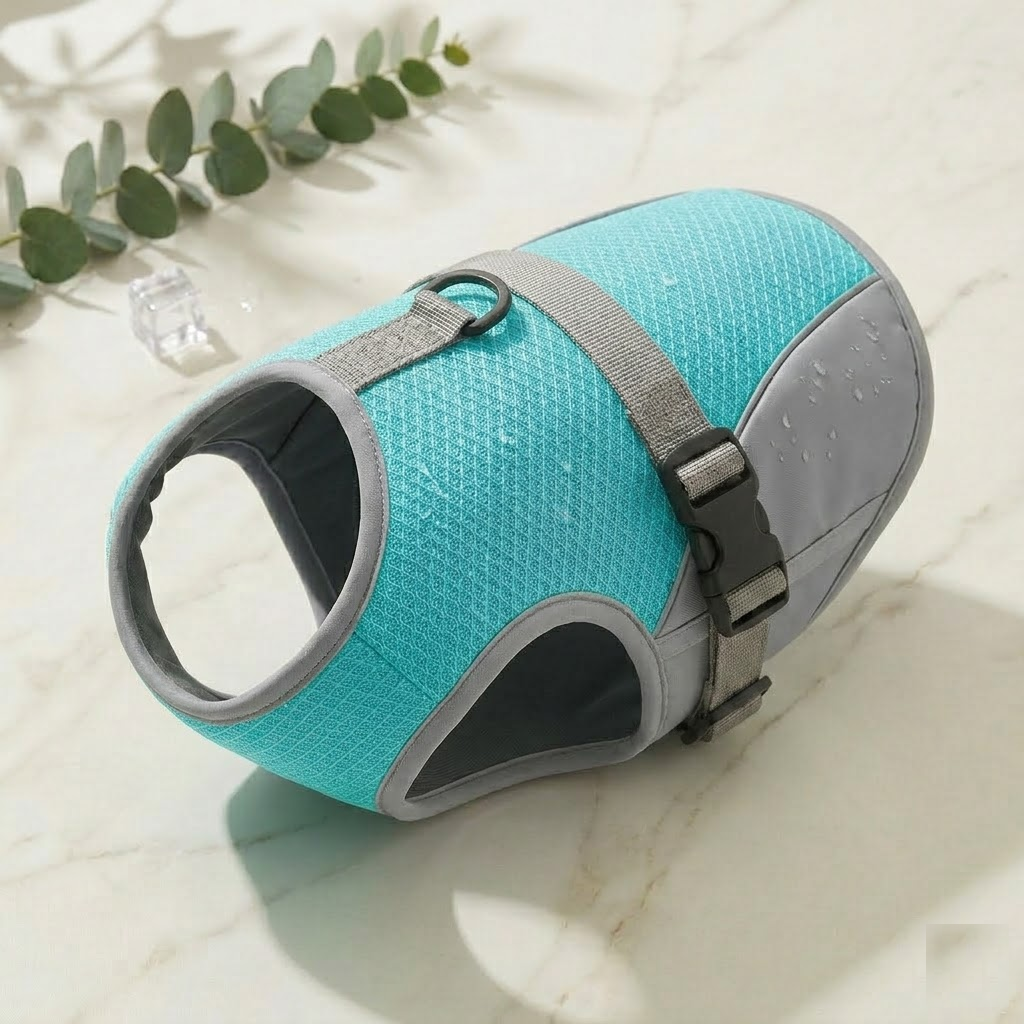Veste rafraîchissante pour chien Bleu turquoise - vue trois-quarts